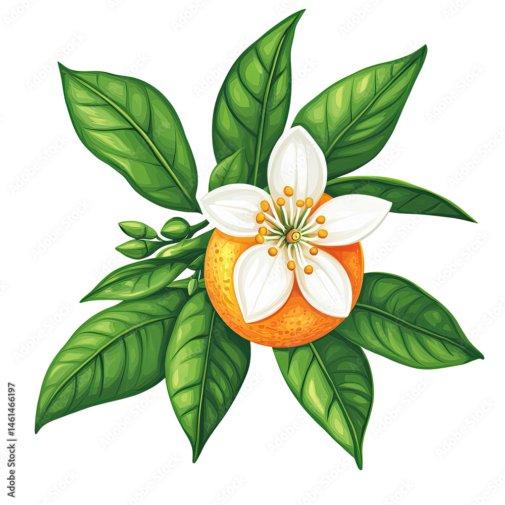 Vibrant citrus blossom with leaves and fruit Vibrant citrus blossom with leaves and fruit