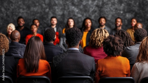 A diverse ence attentively listens to a speaker du a conference, seen from the back, showing engagement and community spirit.