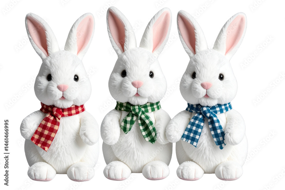 Fototapeta premium Set of a Cute, realistic plush bunnies with white fur and checkered scarves around their necks, isolated on a transparent background