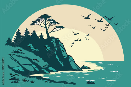 89 circular landscape, rocky coastline, sunset, full moon, birds flying, reflective water, silhouette, gradient sky, teal and peach colors, minimalist style, vector art, negative space, tranquil scene