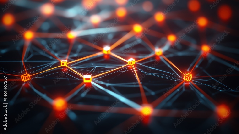An abstract interconnected network of orange glowing nodes symbolizes digital connections and complex futuristic communication systems in technology. An abstract interconnected network of orange glowing nodes symbolizes digital connections and complex futuristic communication systems in technology.