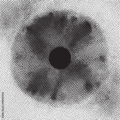 A dark circle dominates a textured white background.