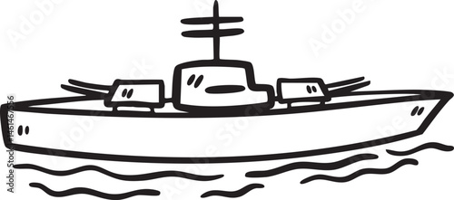 A simple black and white of a ship sailing on water.