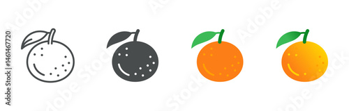 Orange Color Variations Icon Set. Simple Line and Filled Illustrations of Citrus Fruit Showing Outline, Solid, Flat, and Gradient Styles for Versatile Branding and UI.