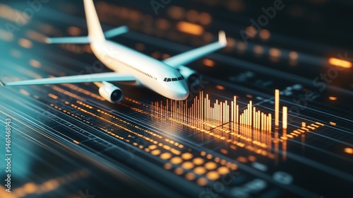 The world of aviation and financial market: A detailed digital rendering showcases a passenger aircraft soaring over a dynamic graph symbolizing financial trading in a high-tech digital world.