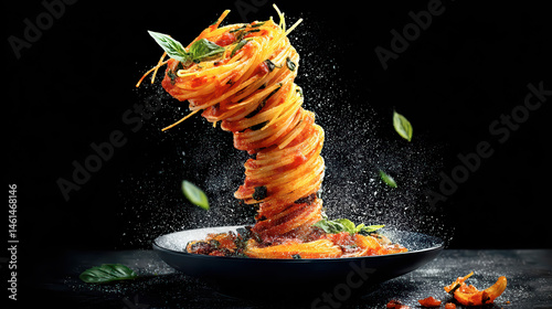 A tornado of spaghetti, splashing tomato sauce, basil leaves and parmesan cheese all around it, served on a black ceramic plate, isolated on black background