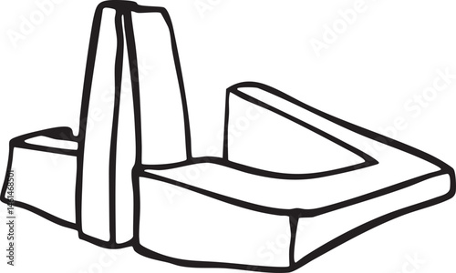 A stylized outline of a modern angular chair.