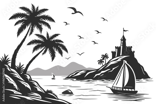90 Tropical islands silhouettes, black and white illustrations, palm trees, rocky cliffs, castle on hilltop, sailboats, ocean waves, sunset, birds flying, detailed vector art, scenic landscapes, parad
