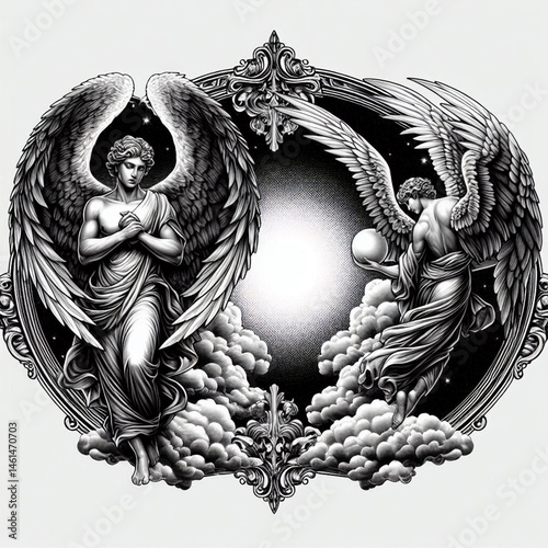 angel with wings, angel on the moon, angel, cloud, vector, black and white, halftone, classic
