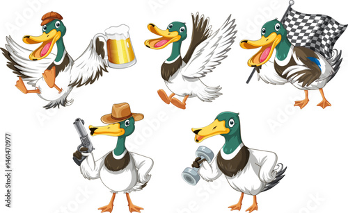 set of duckling doing different activities vector icon logo character premium illustration
