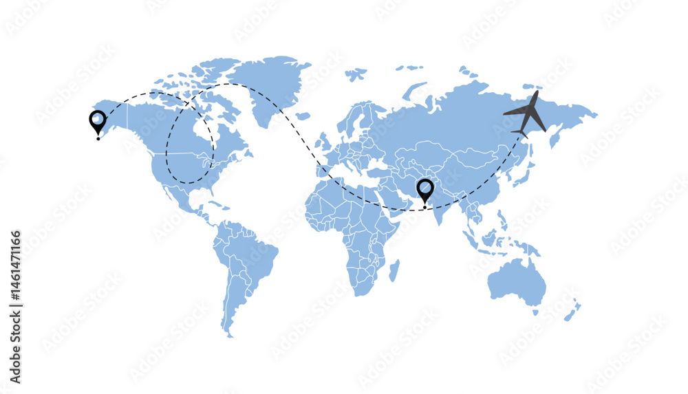 Fototapeta premium world map, flying white airplanes routes vector illustration