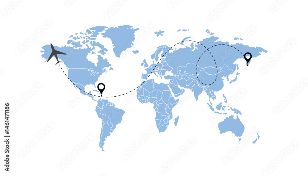 Naklejka premium world map, flying white airplanes routes vector illustration