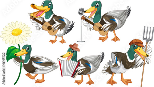 set of duckling doing different activities vector icon logo character premium illustration