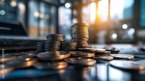Stacks of golden coins of different sizes are arranged on a modern table in a corporate office bathed in soft, glowing sunlight streaming in.