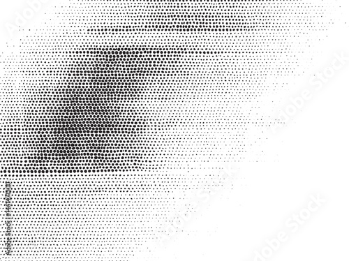 A blurred monochromatic eye emerges from a dense of black and white dots.