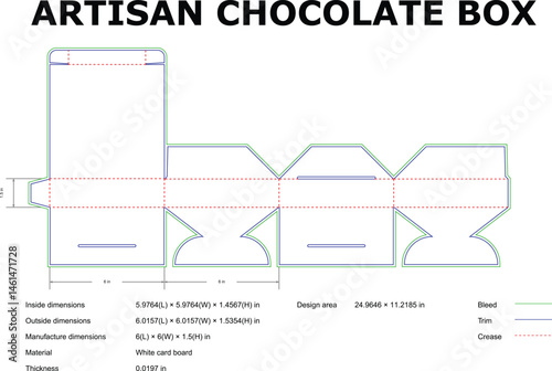 Artisan Chocolate Box Packaging Die Cut Template Blueprint With Dimensions Vector