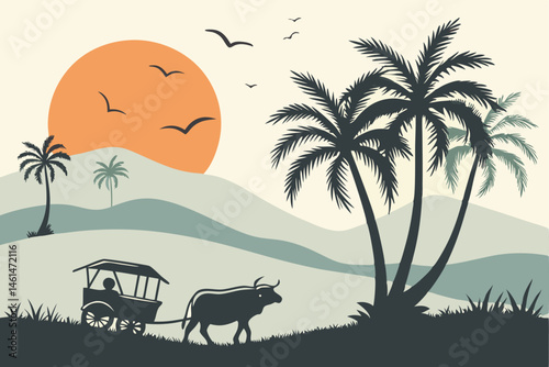 91 Tropical sunset landscape, silhouette of palm trees, orange sun, warm sky, desert dunes, ox-drawn cart, birds in flight, serene atmosphere, golden hour, African savanna, tranquil scene, painted sty