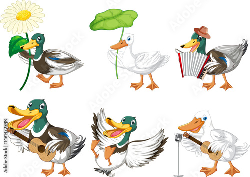 set of duckling doing different activities vector icon logo character premium illustration