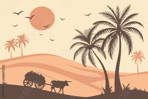 91 Tropical sunset landscape, silhouette of palm trees, orange sun, warm sky, desert dunes, ox-drawn cart, birds in flight, serene atmosphere, golden hour, African savanna, tranquil scene, painted sty