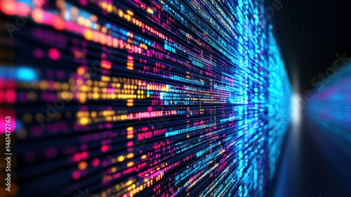 A vibrant digital landscape unfolds with streams of flowing data and abstract light trails converging towards a vanishing point perspective view.