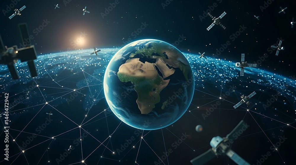 Naklejka premium Planet Earth Surrounded by Orbiting Satellites Connected by a Bright Global Network in the Dark Expanse of Space