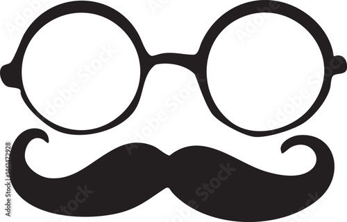 A pair of black glasses and a mustache are depicted in silhouette.