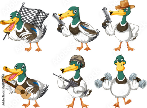 set of duckling doing different activities vector icon logo character premium illustration