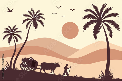 91 Tropical sunset landscape, silhouette of palm trees, orange sun, warm sky, desert dunes, ox-drawn cart, birds in flight, serene atmosphere, golden hour, African savanna, tranquil scene, painted sty