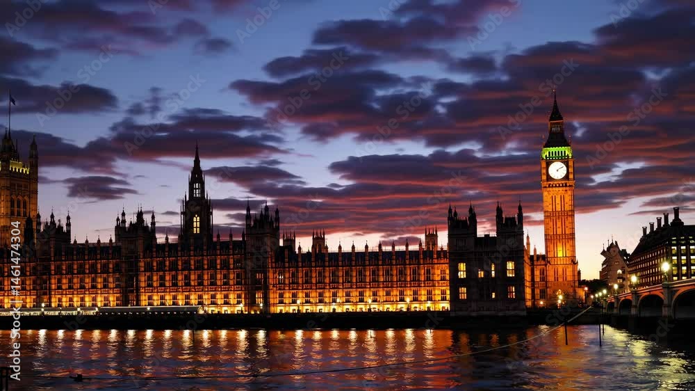Dramatic sunset over london skyline with big ben illuminated against fiery clouds