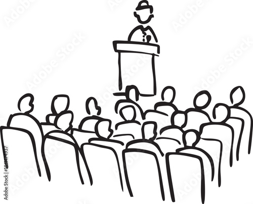 A speaker addresses a large audience seated in rows.
