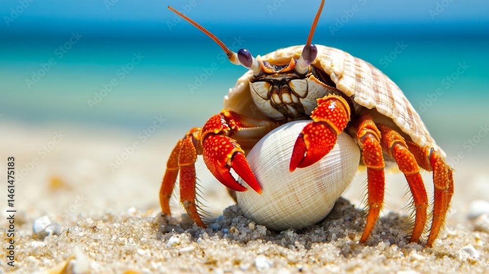 Tiny Hermit Crab Carrying Seashell on Sandy Beach Shoreline Tiny Hermit Crab Carrying Seashell on Sandy Beach Shoreline