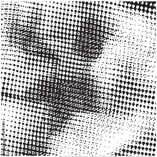 A grayscale portrait emerges from a dense of black and white dots.