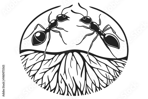 92 Black and white illustration, two ants facing each other, circular landscape, underground view, plant roots, minimalist design, woodcut style, contrast, symmetry, nature symbolism, micro and macro 