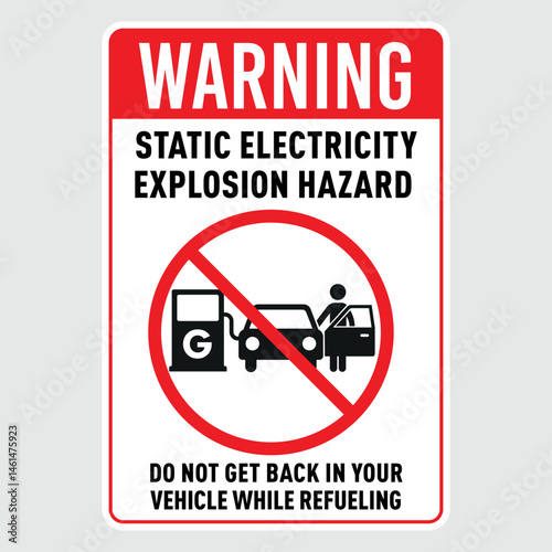 Gas station safety warning sign about static electricity hazard while refueling a vehicle