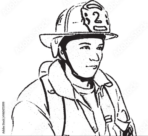 A firefighter wears a helmet and looks directly at the viewer.