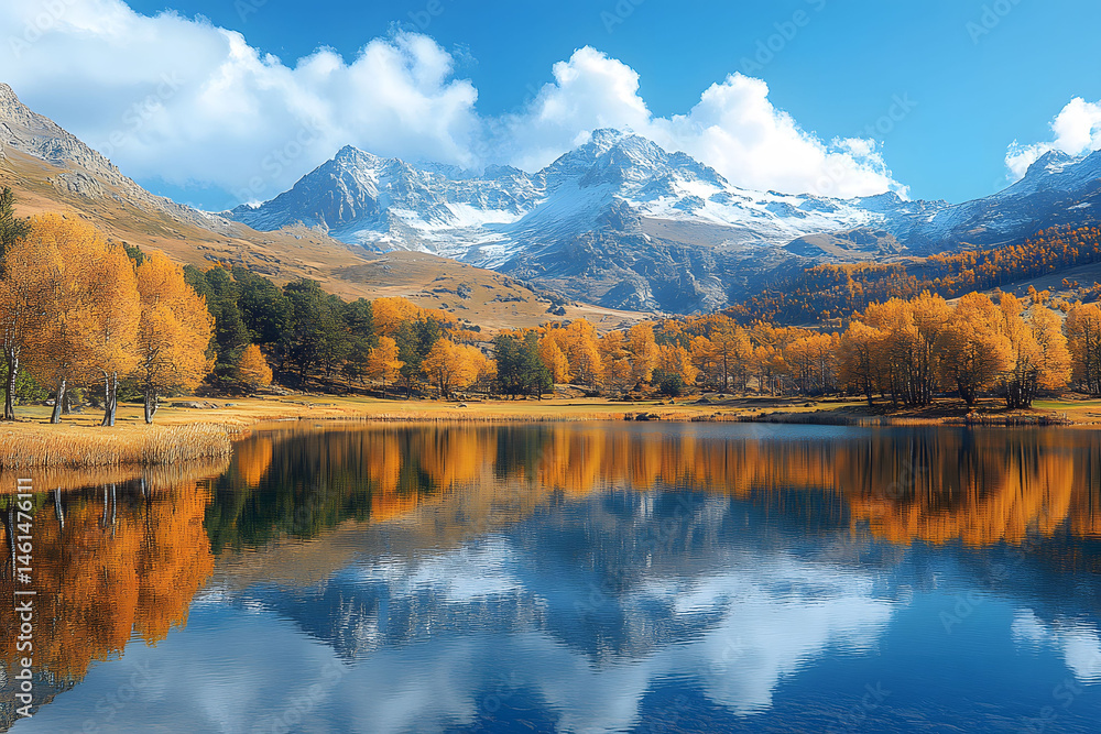 Obraz premium Autumn Mountain Lake Reflection: Tranquil Landscape for Nature-Themed Print and Poster Design