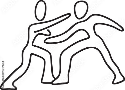 Two figures engage in a dynamic grappling stance.