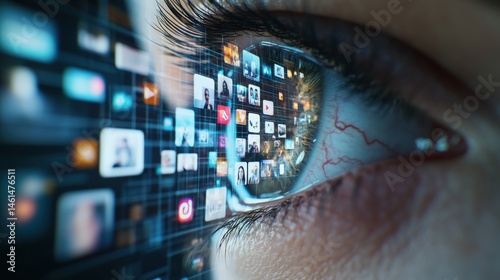 A close-up of a human eye reflecting a stream of digital images, conveying information overload and the impact of social media.