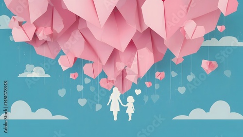 Mother and Child Walking Under Paper Hearts Sky Illustration