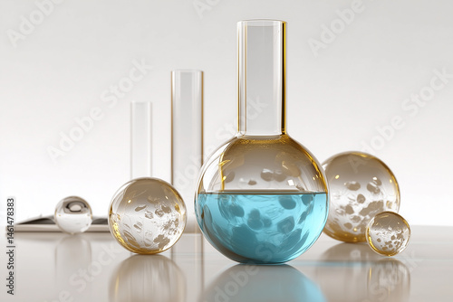 Laboratory glassware set, round-bottom flask with blue liquid, golden glass spheres, modern minimalist lab still life, clean white background, scientific research equipment