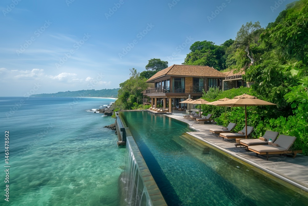 Obraz premium Luxury tropical resort with infinity pool by the ocean, sunny summer vacation destination.