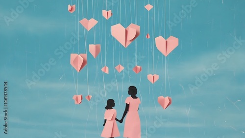 Mother and Child Holding Hands Under Paper Hearts Decoration