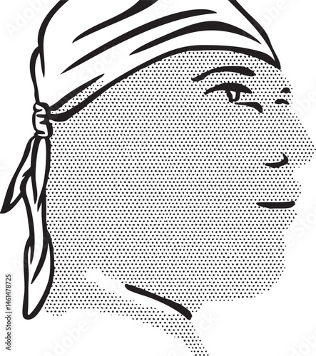 A grayscale portrait of a person wearing a headscarf and feather.