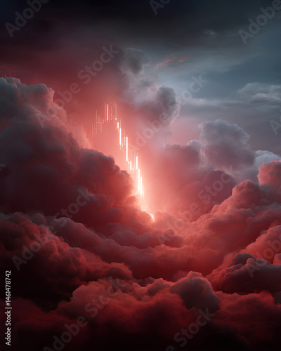 Glowing red candlestick chart dropping steeply into storm clouds representing financial crash and extreme market volatility
