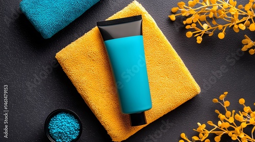 Blue Cleanser Tube on Yellow Towel with Blue Washcloths and Gold Accents