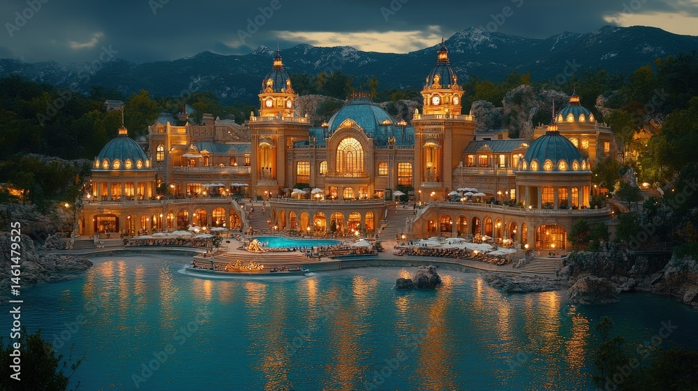 Obraz premium Luxurious palace complex by a reflecting pool at twilight.