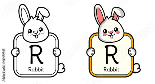 Cheerful cartoon rabbit holding the letter R, great for early learning materials or nursery prints.