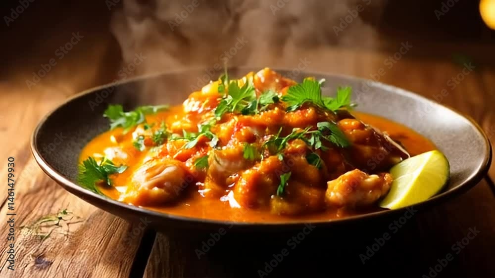 Steaming Fish Stew with Parsley and Lime in Dark Bowl on Wooden Table Mexican Latin Cuisine
