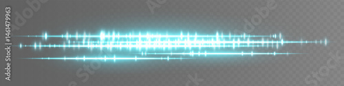 Blue glowing waveform on transparent background with symmetrical audio lines and spark-like peaks. Great for sound effect design, media playback or music interface elements.