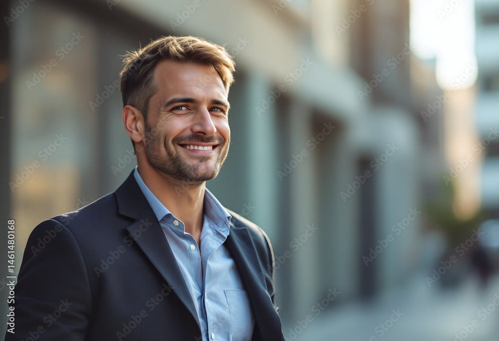 Confident man smiling in urban setting. Banner with empty space for text Confident man smiling in urban setting. Banner with empty space for text